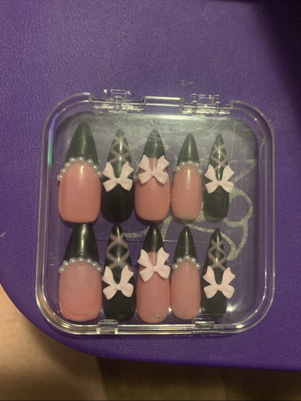 Press-On Stiletto Nails Set - Pink & Black Floral Accent